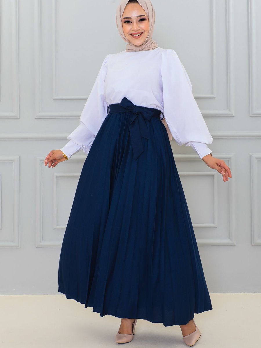 Moda Ebva Kuşaklı Pileli Uzun Etek Lacivert