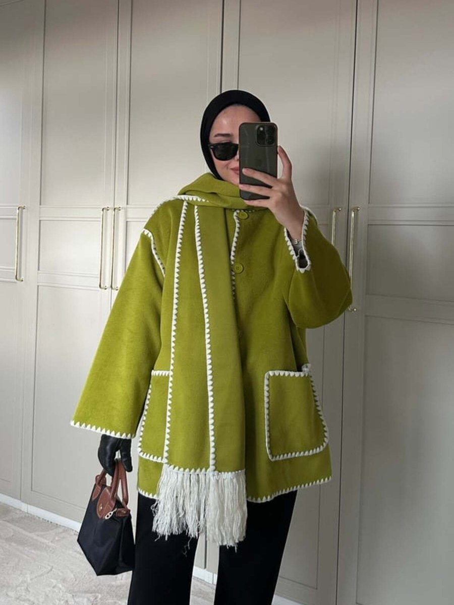 Alfudo Moda Collection Nakış Detaylı Atkılı Yumuşak Kaşe Kaban Ceket