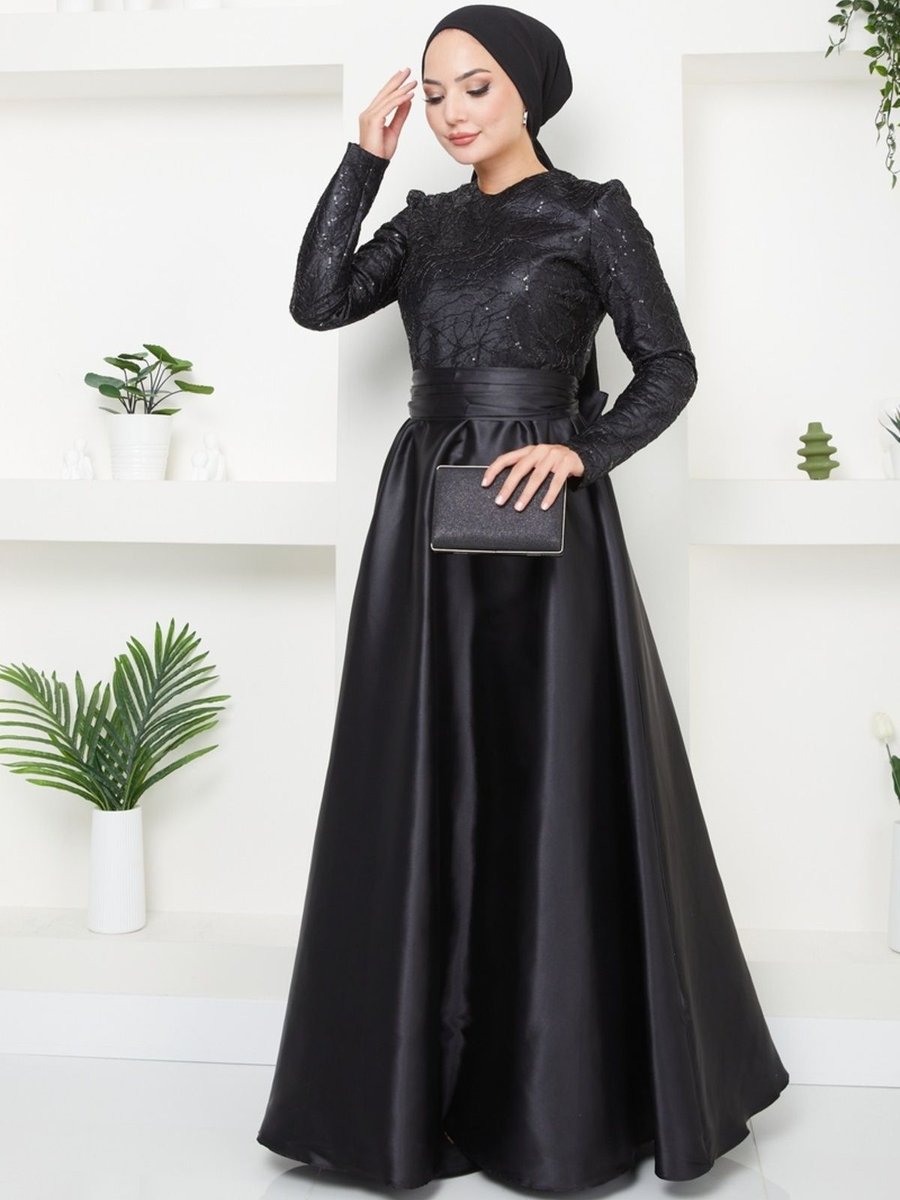 Ayşe Melek Giyim Moda Pul Kordoneli Saten Abiye Elbise