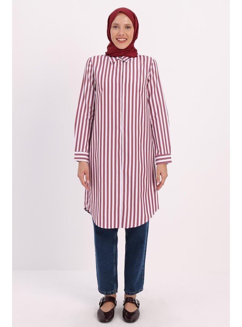 Allday Gizli Patlı Gömlek Tunik Bordo Beyaz