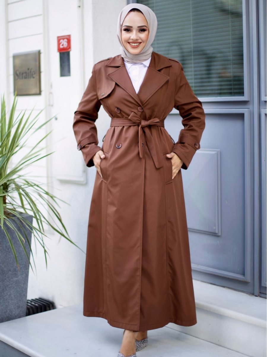 Alniss Collection Kruvaze Yaka Astarlı Tam Boy Trençkot
