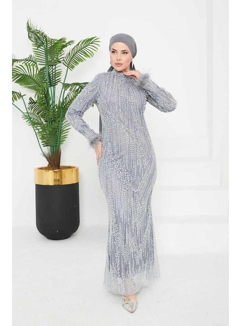 Hakimoda Verda Taşlı Abiye Elbise Gümüş
