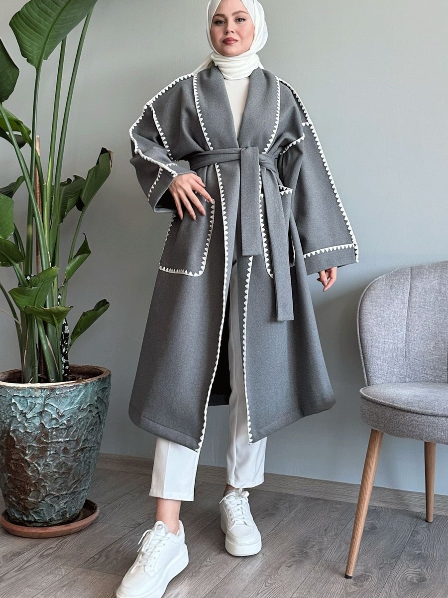 Instyle Çoban Dikiş Kuşaklı Gri Kaşe Kaban