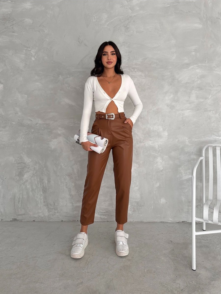 Winmoda Kemerli Pantolon Suni Pantolon/ Kadın Deri Pantolon