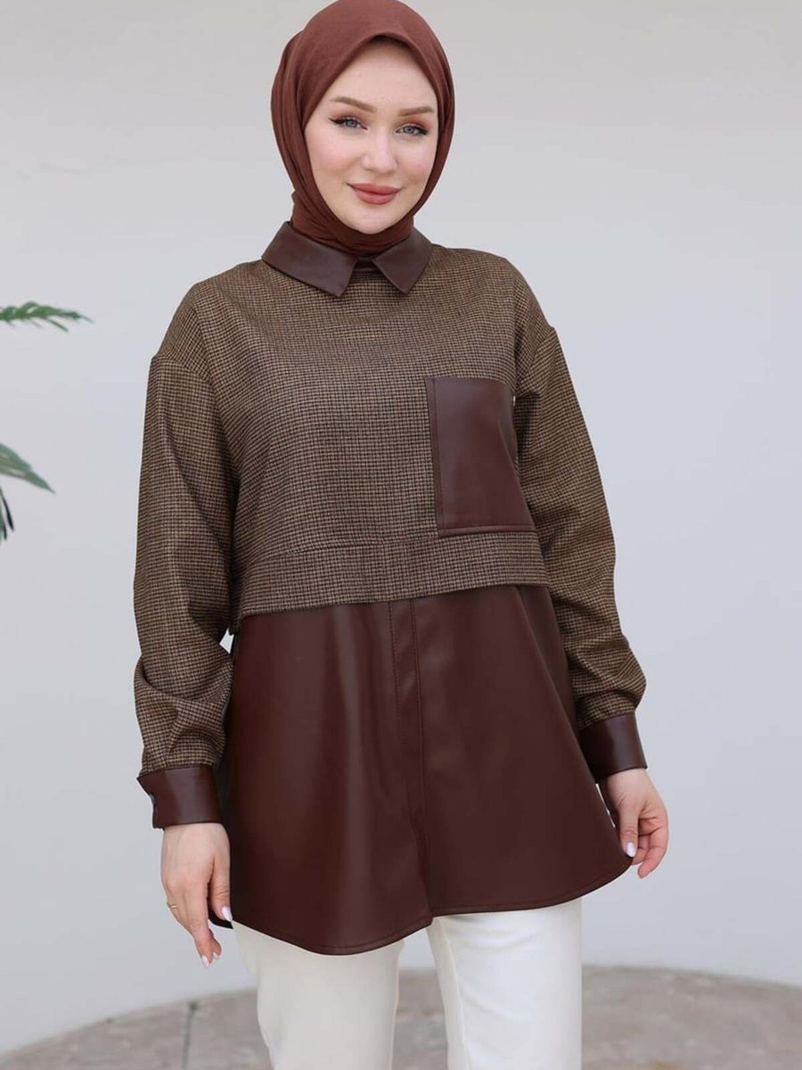Armine Armine Trend Gömlek Yaka Deri Detaylı Tunik