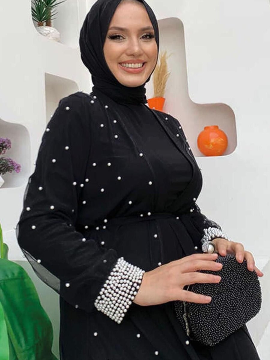 Trendtesettür Kadın Siyah Kuşaklı İncili Abaya Takım T