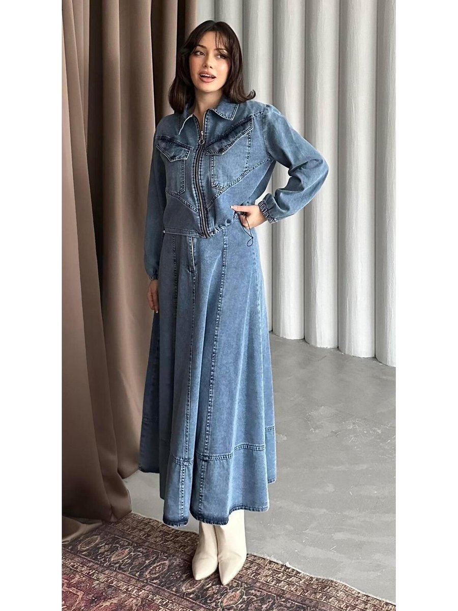 Cardella Denim Kot Etek Ceket İkili Tasarım Jean Takım
