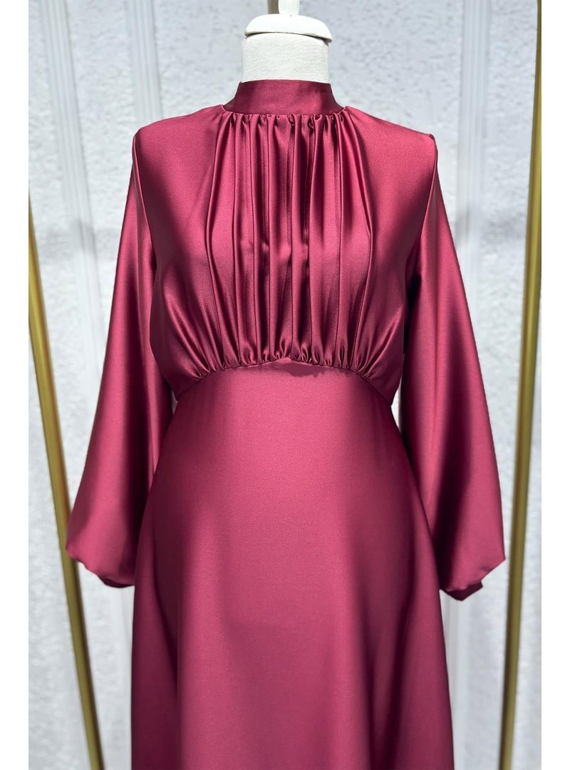 Hakimoda Bordo Gülnun Saten Abiye Elbise