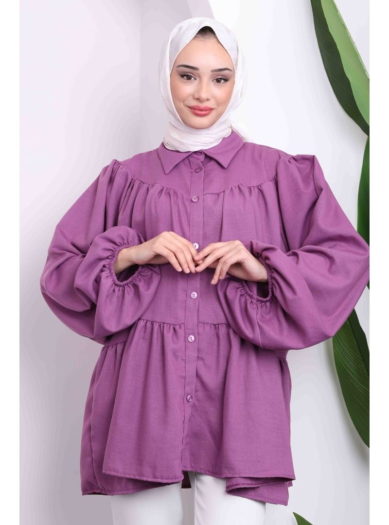 İmaj Butik Mor Kol Lastikli Eteği Katlı Gömlek