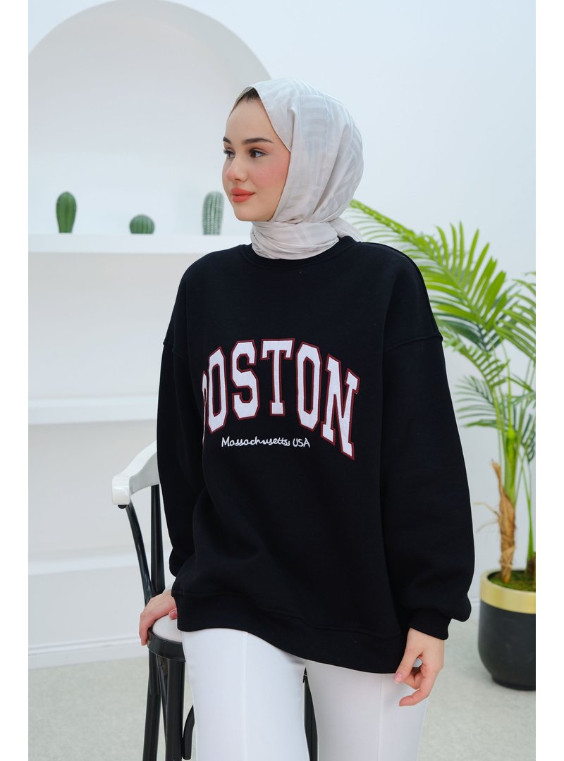 Locco Moda Siyah Boston Baskılı Sweat