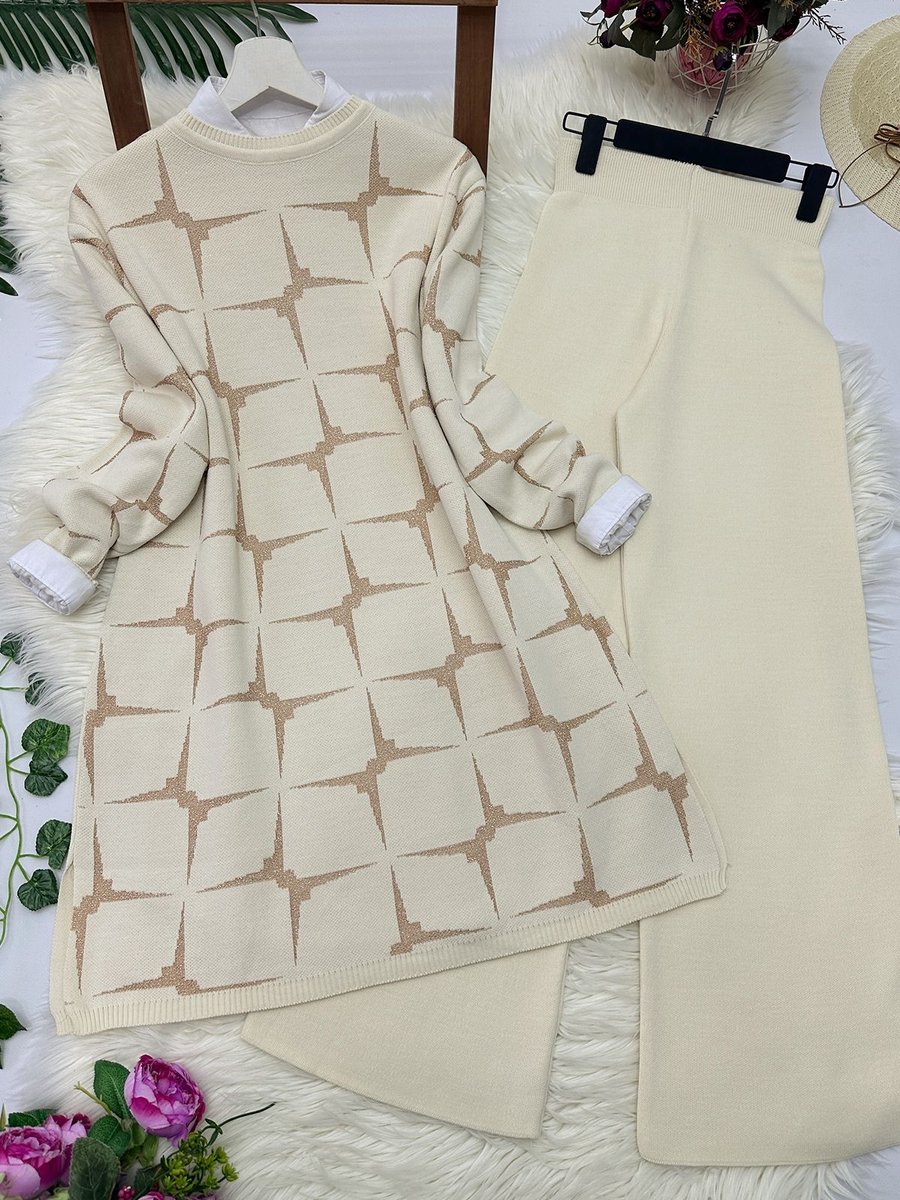 Modaqu Elegance Simli Triko Takım Krem