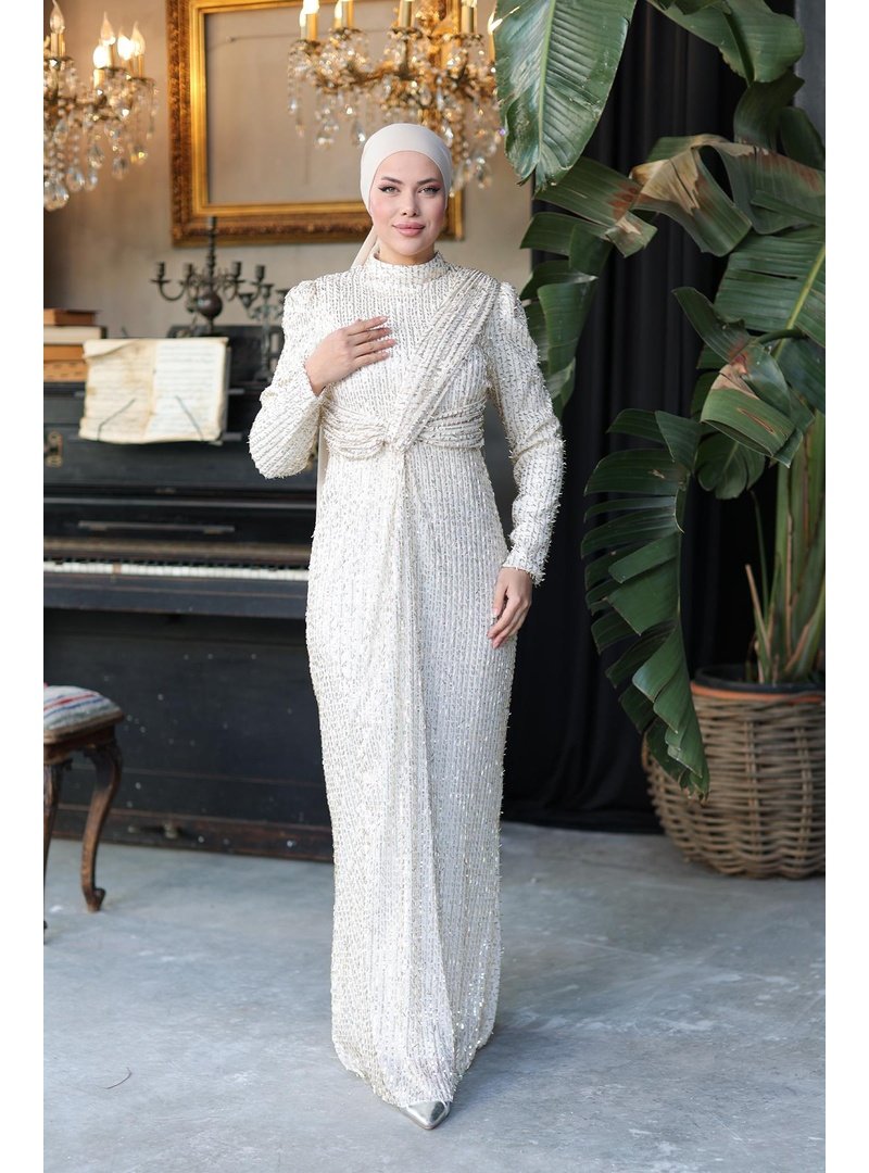 Hakimoda Bej İpek Boncuklu Abiye Elbise