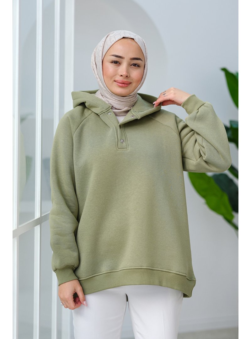 Locco Moda Yeşil Çıt Detay Kapüşonlu Sweat