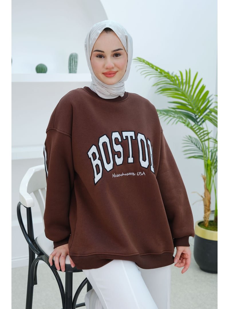 Locco Moda Kahverengi Boston Baskılı Sweat