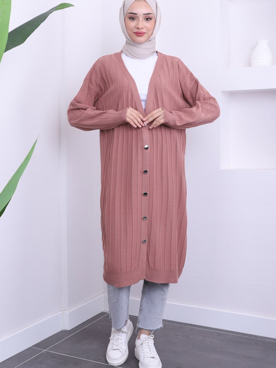 İmajbutik Gül Kurusu Mevsimlik Merserize Salaş Triko Hırka
