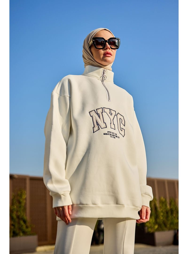 Locco Moda Beyaz Nyc Baskılı Yarım Fermuarlı Sweat