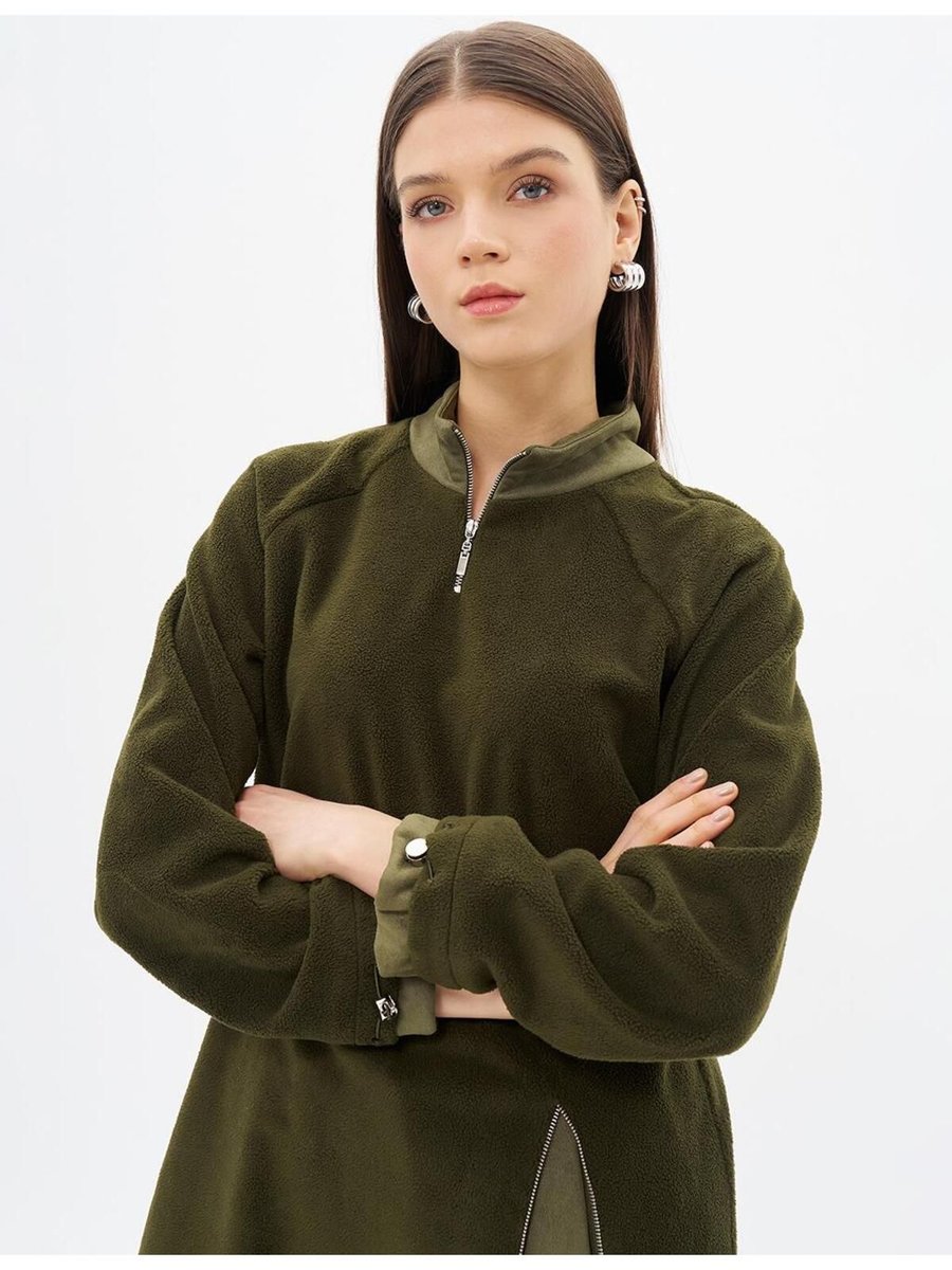Kayra Fermuar Detaylı Peluş Sweatshirt Haki