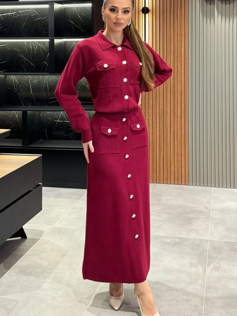 Julude Bordo Düğme Detaylı Hırka Etek Triko İkili Takım