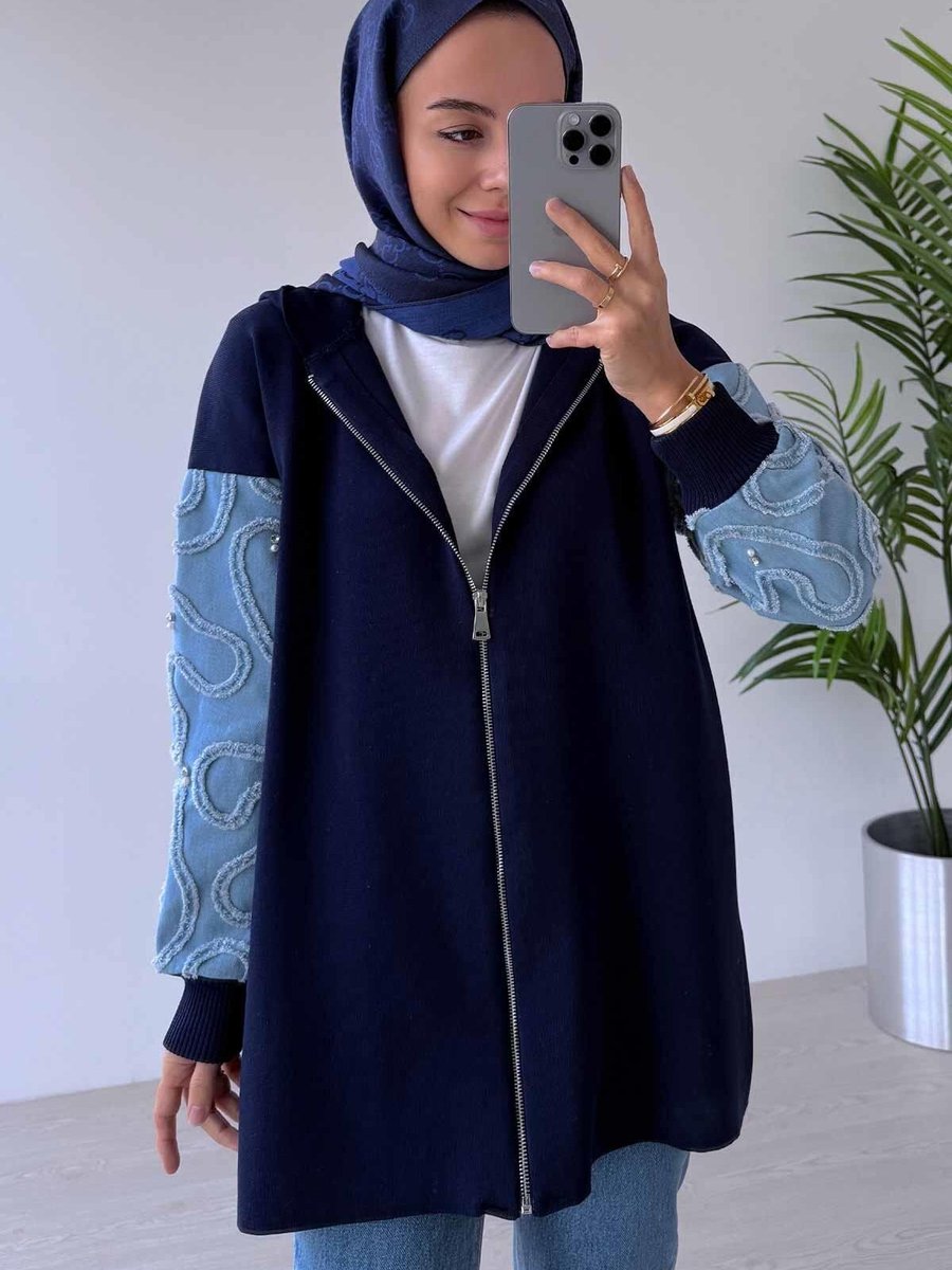 Ka Hijab Kolları Kot Detaylı Triko Hırka Lacivert