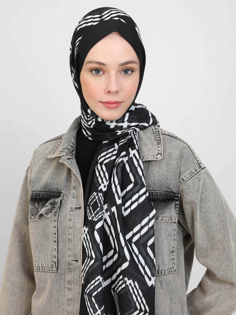 Miray Beyaz Shantuq Soft Şal Küp Desen Siyah