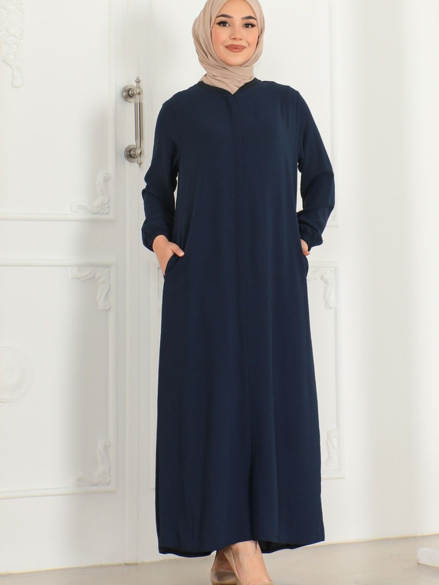 Oktayusta Collection Sade Günlük Tam Boy Gizli Patlı Fermuarlı Lacivert Ferace