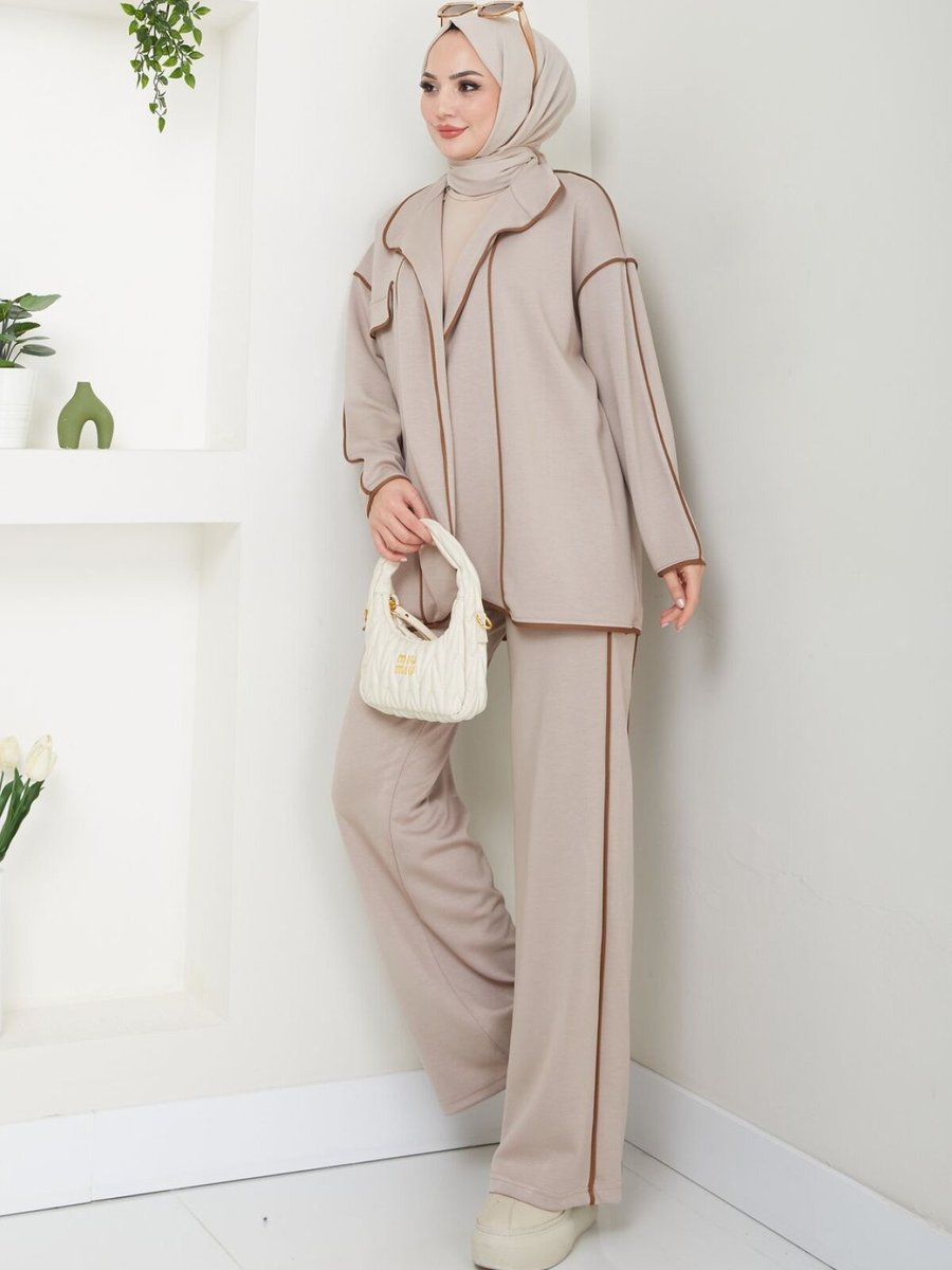 VOLT CLOTHİNG Bej Biyeli Scuba Kumaş Ceketli Pantolonlu Takım