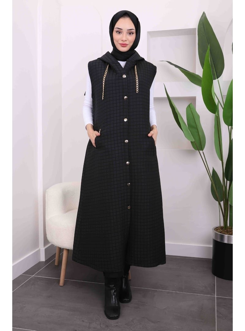 İmaj Butik Siyah Kapüşonlu Kapitone Uzun Yelek