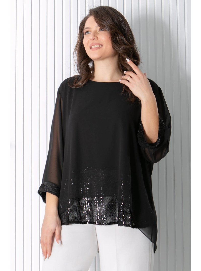 MFA Moda Siyah Pul Payet Detaylı Şifon Tunik