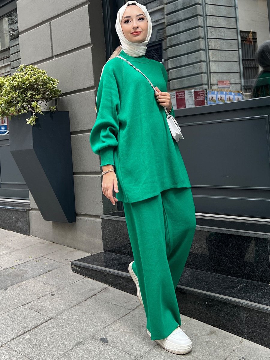Rimel Moda Balon Kol Triko Takım Zümrüt