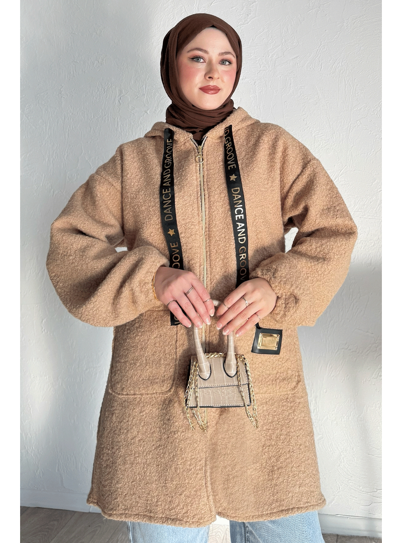 InStyle Kapüşonlu Buklet Kaşe Camel Kap