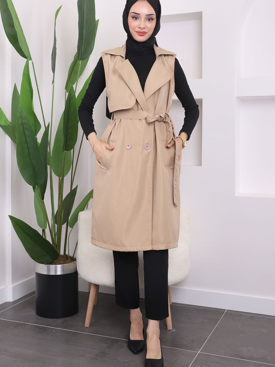 İmajbutik Vizon Bel Kuşaklı Omuzları Apoletli Yelek