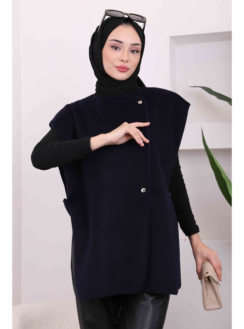 İmaj Butik Lacivert Çıtçıt Detaylı Yanları Açık Kaşe Yelek