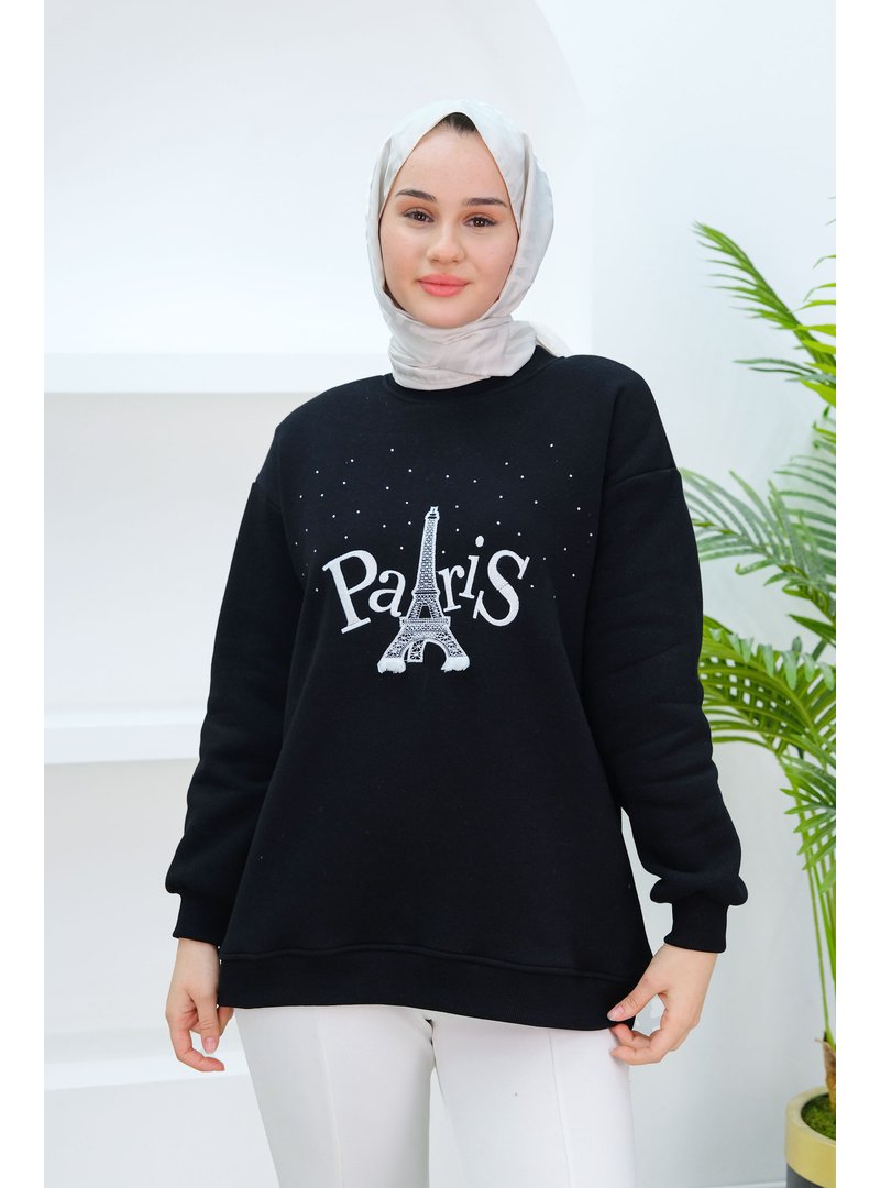 Locco Moda Siyah Taş Ve Nakış Detaylı Oversize Sweat
