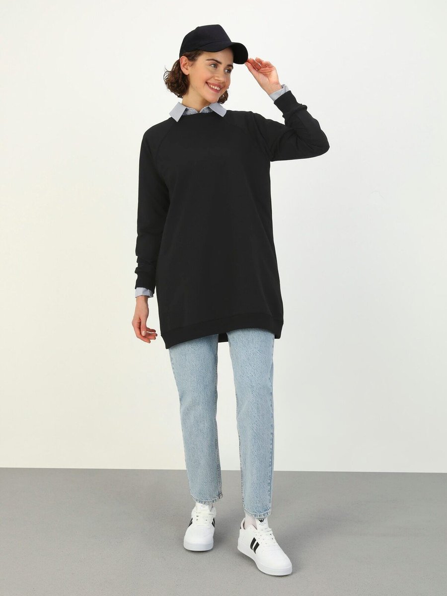 Refka Pamuklu Bisiklet Yaka Sweatshirt Siyah Benin