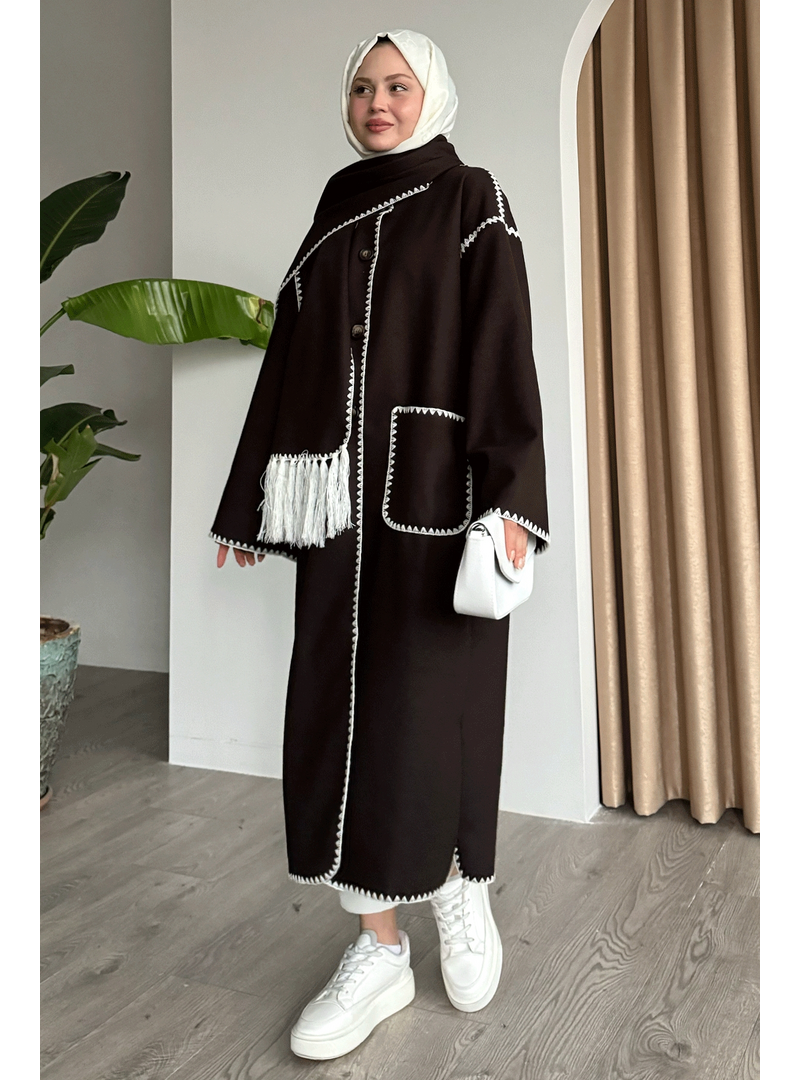 InStyle Atkılı Cepli Kaşe Uzun Koyu Acı Kahve Ceket