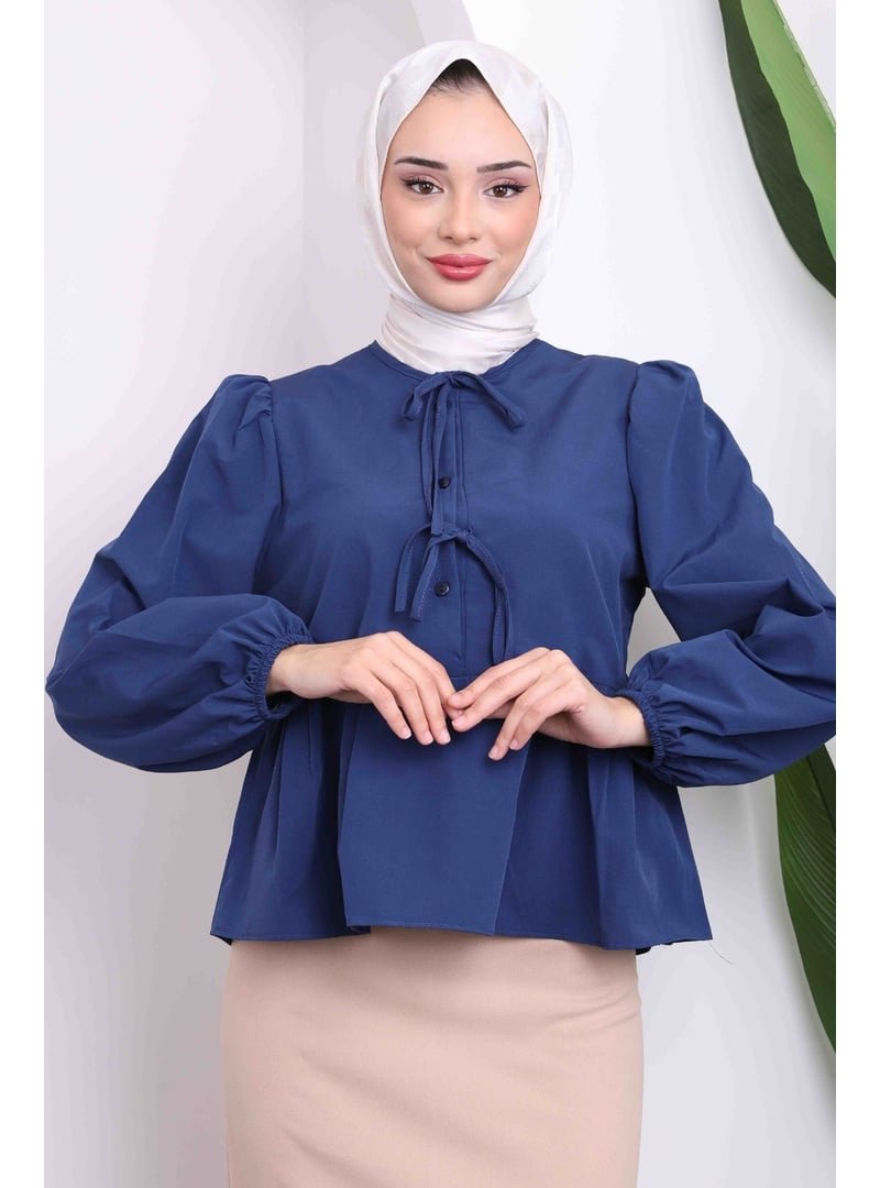İmaj Butik Lacivert Yaka Bağlamalı Kol Lastikli Gömlek