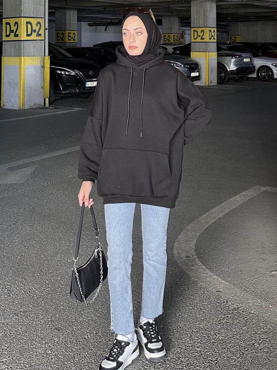 Lamelif Üç Iplik Kanguru Cep Sweatshirt Siyah