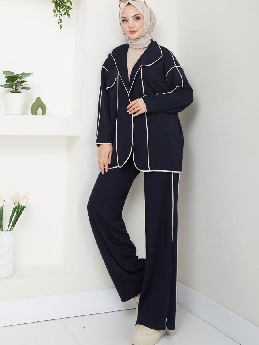 VOLT CLOTHİNG Lacivert Biyeli Scuba Kumaş Ceketli Pantolonlu Takım