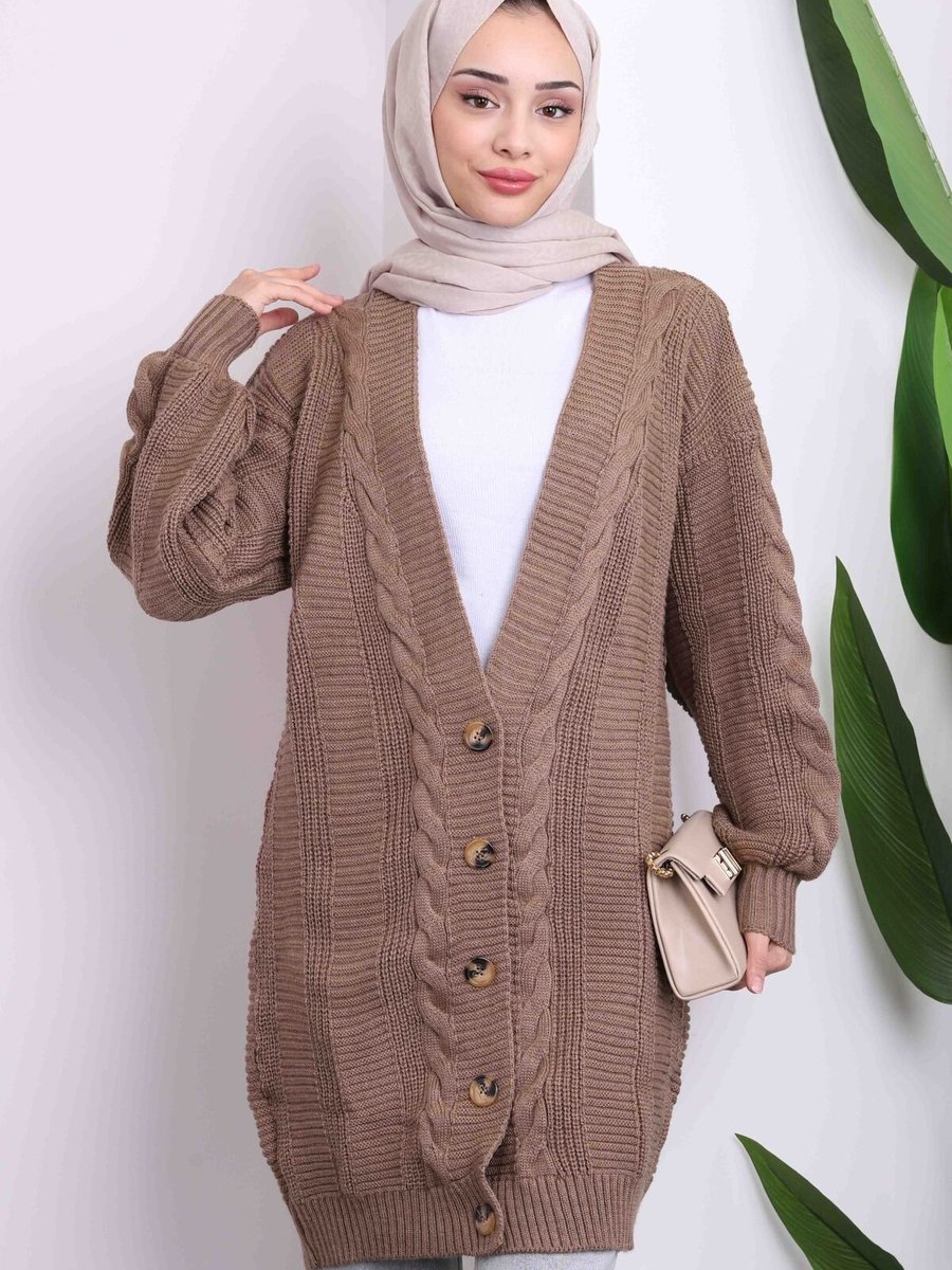 İmajbutik Kahverengi Düğmeli Uzun Triko Hırka