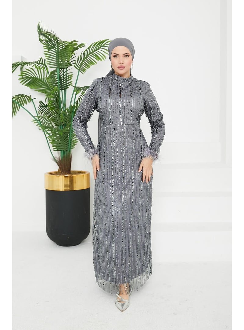 Hakimoda Luana Boncuklu Abiye Elbise Gümüş