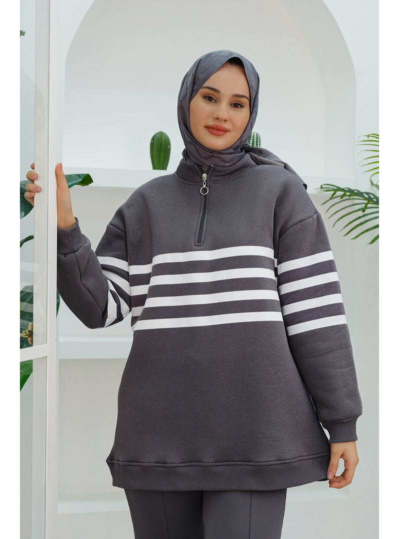 Locco Moda Gri Şerit Detaylı Sweat