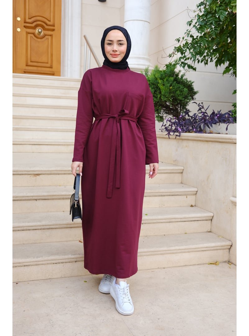 Locco Moda Bordo Bel Bağlamalı Cep Detaylı Elbise