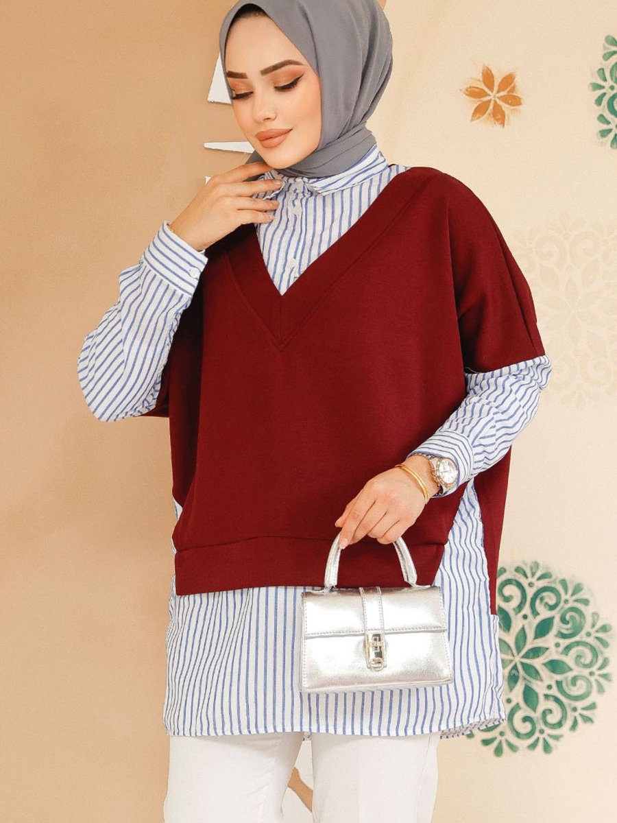 Neva Style Süveter Detaylı Bordo Gömlek