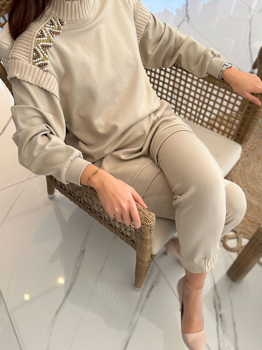 Missemramiss Triko Garni Modal Pantolonlu Takım Bej