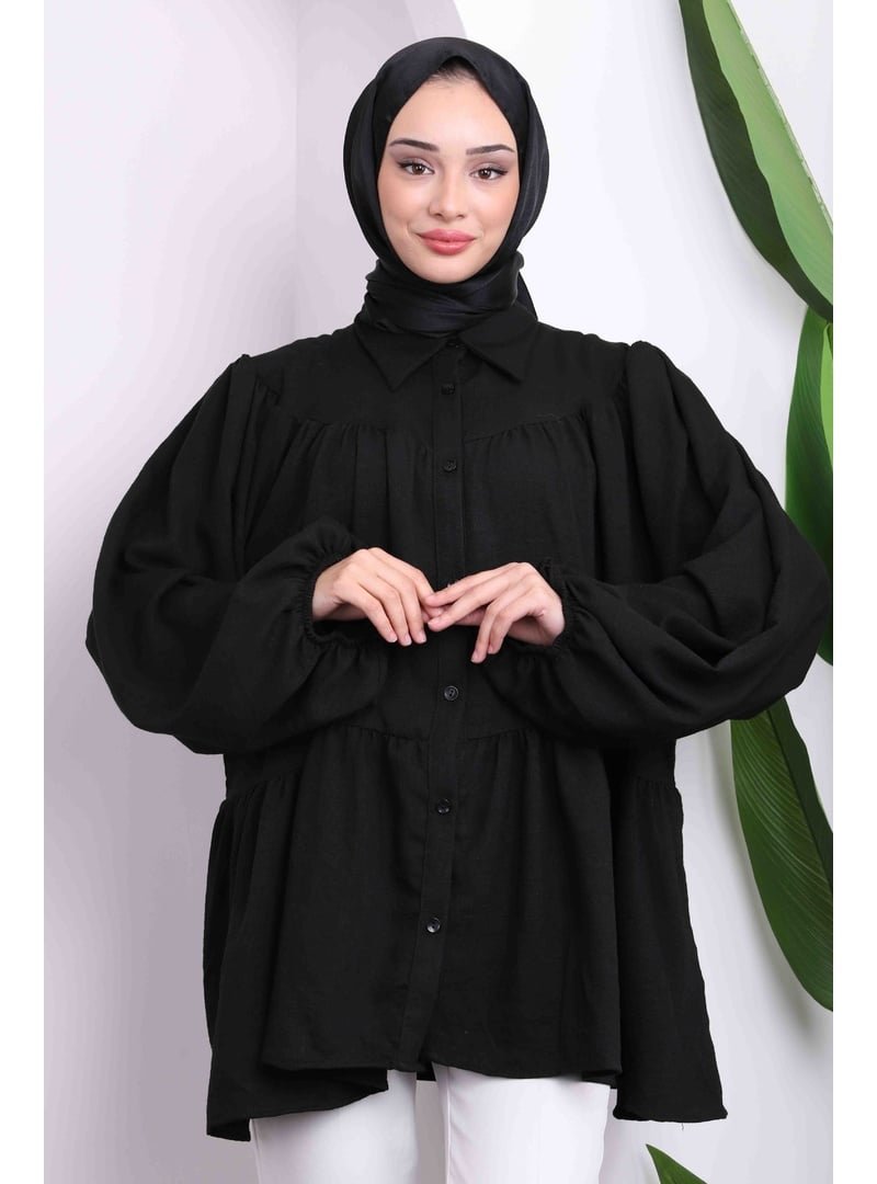 İmaj Butik Siyah Kol Lastikli Eteği Katlı Gömlek