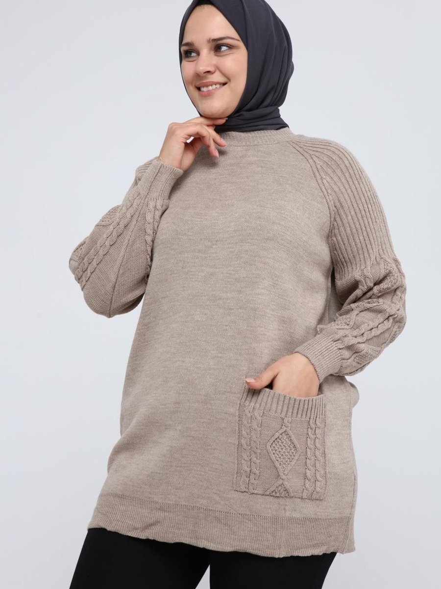 İlmek Büyük Beden Kolu Saç Örgülü Cepli Kışlık Triko Tunik