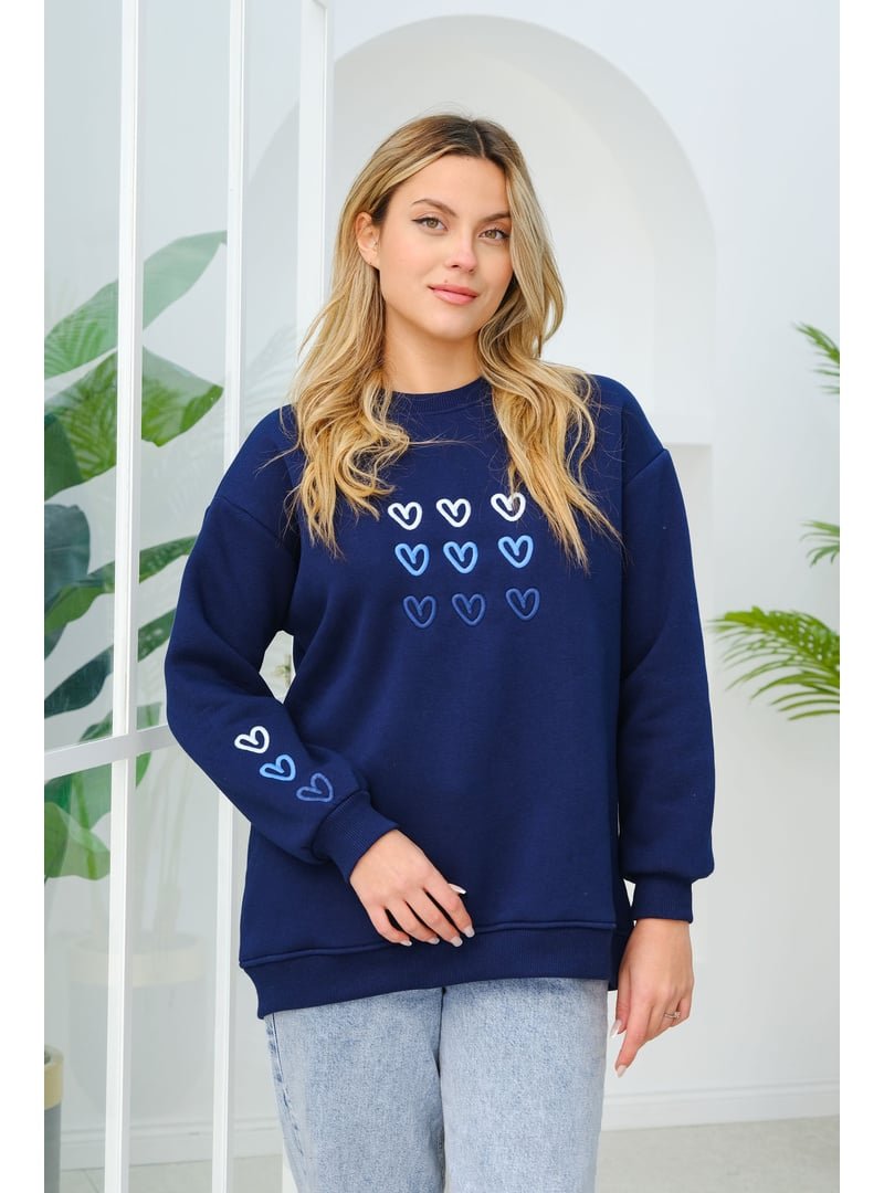 Locco Moda Lacivert Kalp Nakışlı Sweat