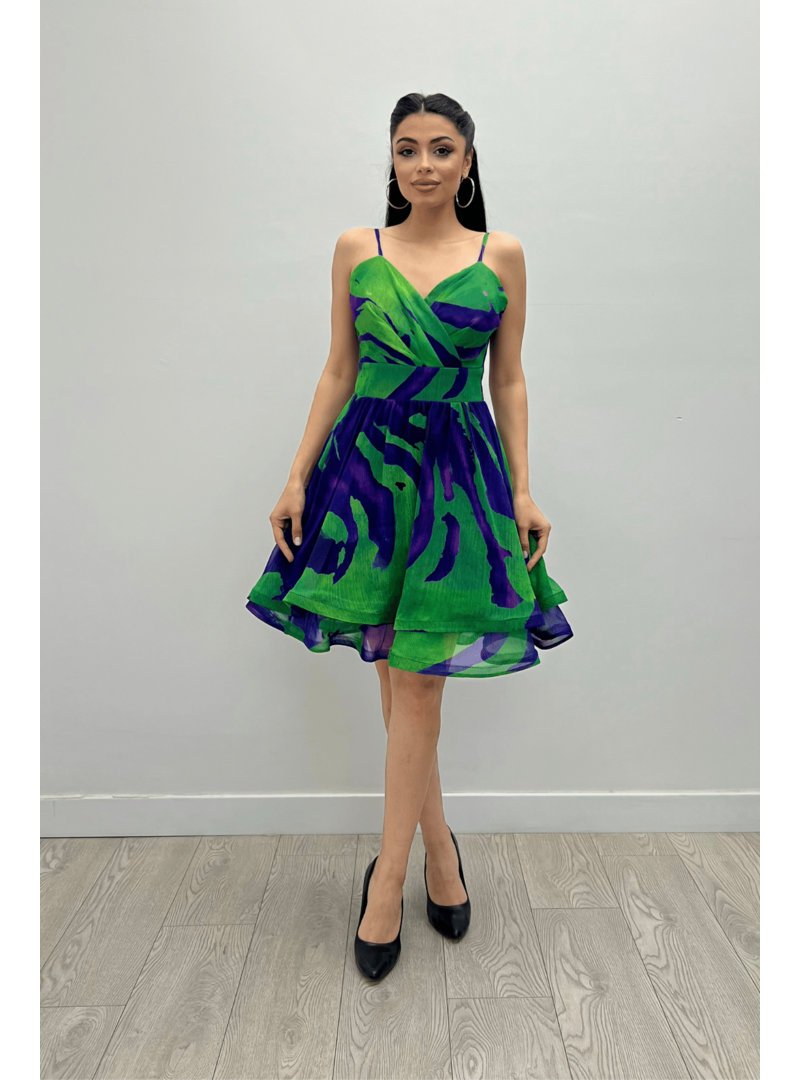 Giyim Masalı Mor Organze Sifon Kumaş Desenli Mini Elbise