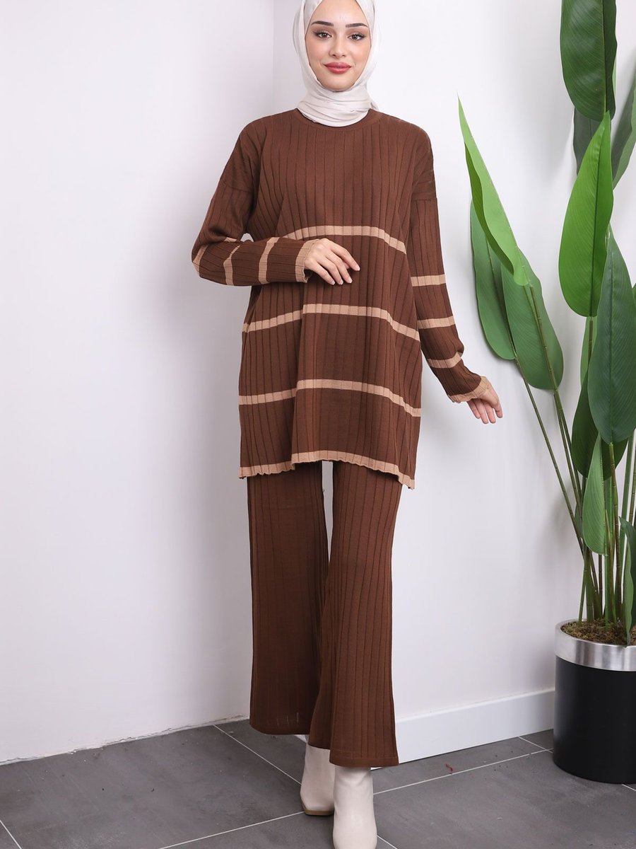 İmajbutik Kahverengi Çizgili Triko Tunik Pantolon İkili Takım