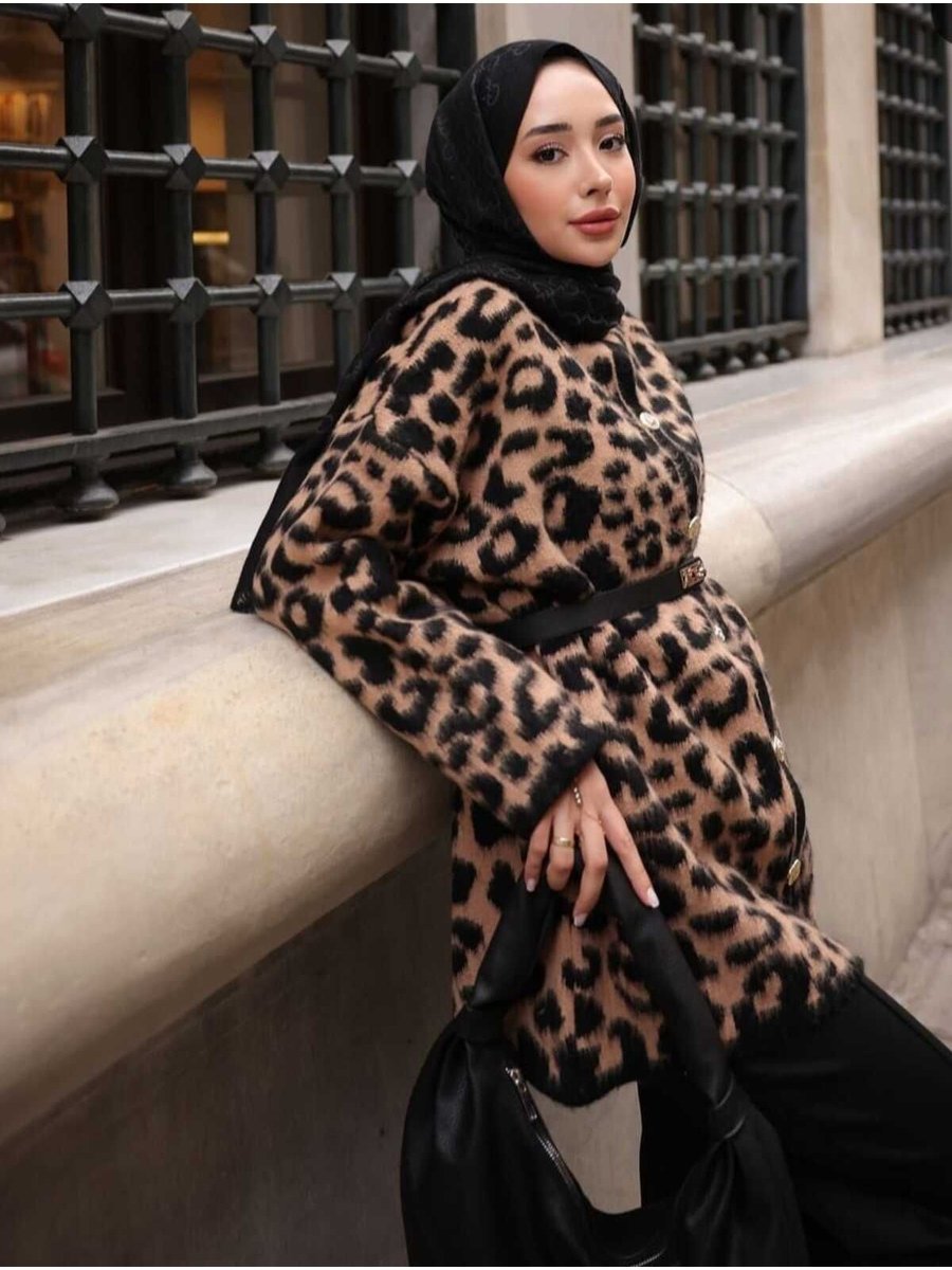Polangel Niche Leopar Desenli Uzun Triko Hırka
